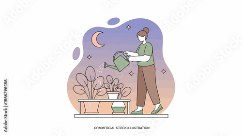 Gardener Watering Plants Under Moonlit Garden Scene.