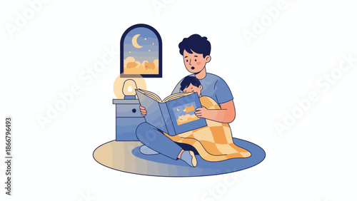 Young person reading a book in a cozy illustration scene.