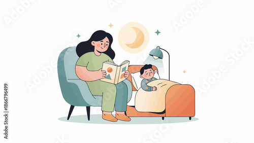 Mother Reading Story to Child in Bed at Night.