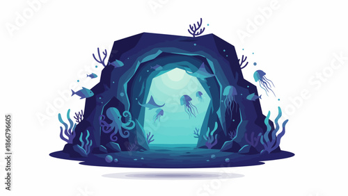 Glowing blue cave portal with ethereal face.