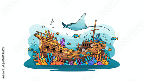 Underwater Shipwreck Resting On Ocean Floor.