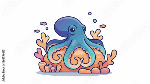 Blue Cartoon Octopus Underwater Creature With Tentacles.