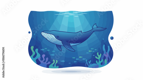 Whale swimming inside blue aquarium exhibit window.