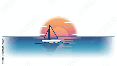 Sailboat Silhouette Gliding Across Sunset Sea.