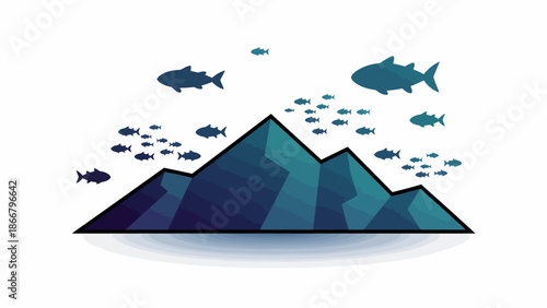 Stylized mountain range with flying fish above.