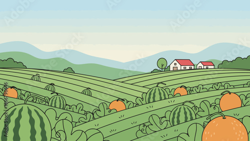 Pumpkin Field With Rolling Hills Landscape.