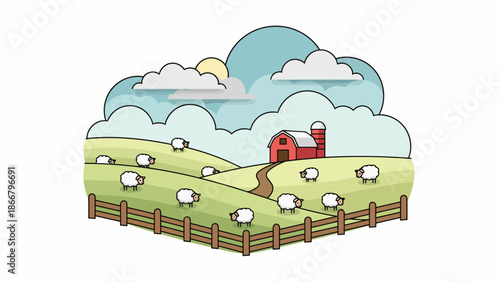 Red Barn in Serene Farm Field.