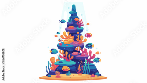 Colorful underwater coral reef tower with vibrant marine life.