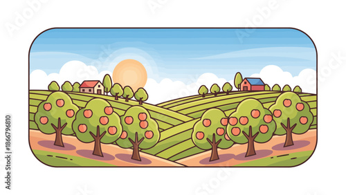 Sunny hillside landscape with orchard trees and rolling fields.