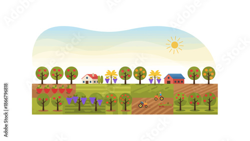 Farm Garden Rows and Crops in Countryside Landscape.