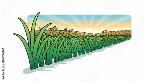 Vector illustration of a serene landscape with grass, plants, and a distant farm at sunrise from a low viewpoint