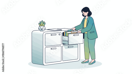 A woman opening a filing cabinet drawer in a modern office setting, vector illustration