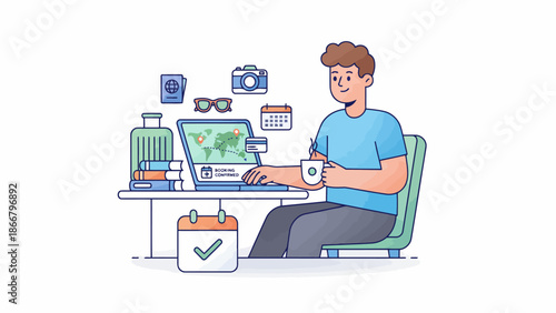 Man working on laptop with world map on screen, a vector illustration of a person at desk with office supplies and technology