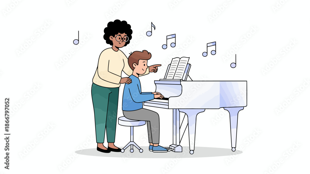 Fototapeta premium A young boy playing piano with his teacher guiding him in a vector illustration