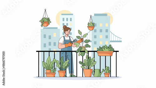 Woman Tending to Potted Plants on Balcony with Cityscape Background, a Serene Vector Illustration