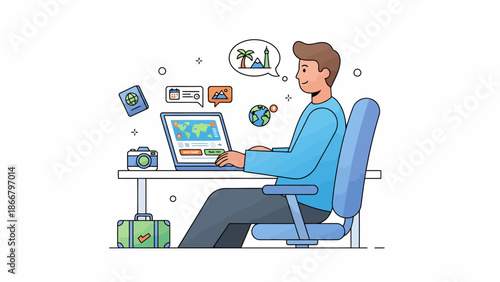 Person working at laptop at desk illustration.