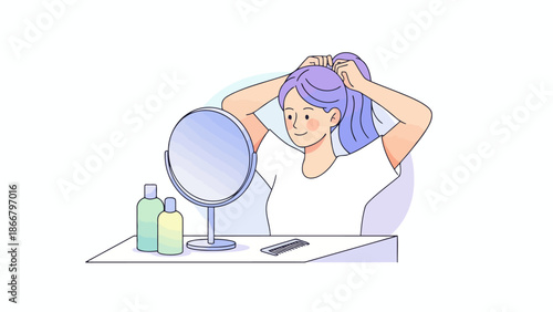 Young woman styling her purple hair in front of a mirror on a vanity table, a vector illustration