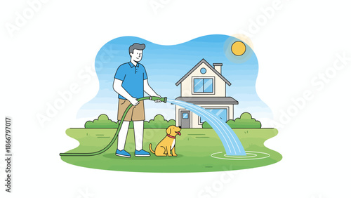 Man and Dog Watering Home Garden Lawn.
