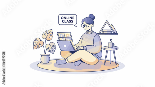 Relaxed student attending online class with laptop and flowers in a cozy home setting vector illustration
