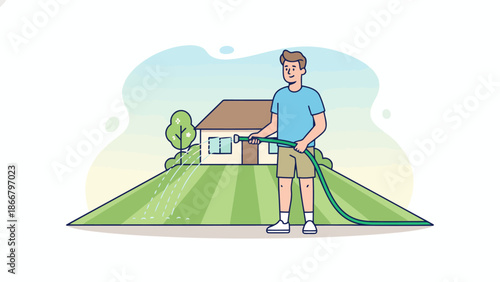 man mowing lawn in front yard in suburb.