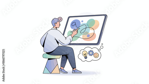 Man creating a colorful vector illustration on a large digital tablet while sitting on a stool