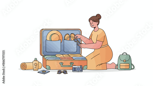Woman packing travel bag with various items, a vector illustration of preparation for a trip