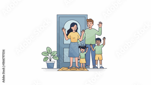 Happy family group portrait at doorway.