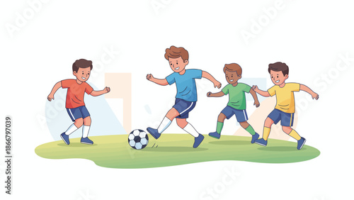 Group of children playing soccer on a grassy field.
