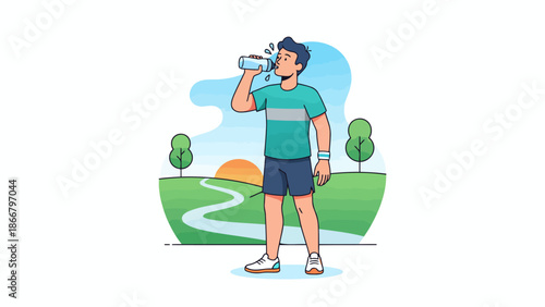 Athletic man drinking water outdoors in park.