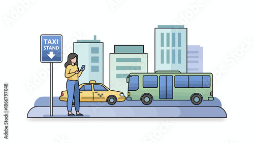 Woman Waiting at Bus Stop With Bus And Taxi In Urban Scene.