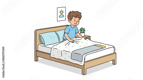A young boy relaxing in bed with a plant, a serene vector illustration of a peaceful bedroom scene