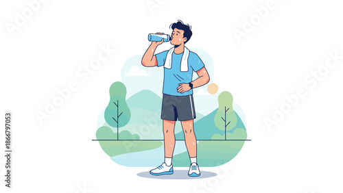 Man Drinking Water in Park Vector Illustration