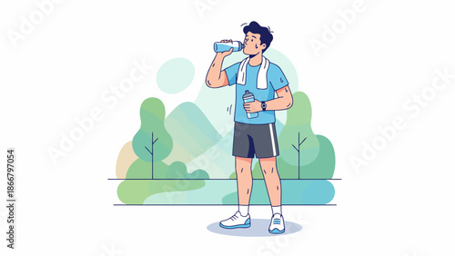 Man drinking water from bottle in park, vector illustration