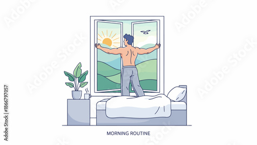 Vector illustration of a person stretching in bed by the window with a serene landscape outside in the morning