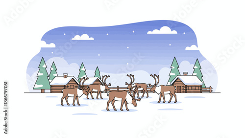 Reindeer Team Pulling Sleigh Through Winter Snow.