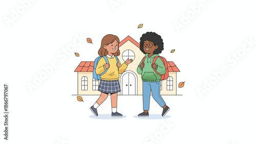 Two students walking towards school on an autumn day, vector illustration
