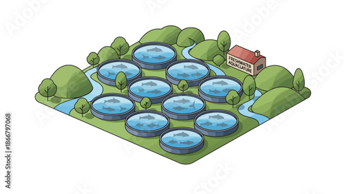 Isometric vector illustration of a serene landscape with ponds, trees, and a house in a rural setting viewed from above