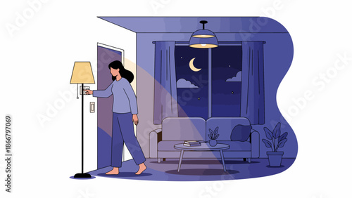Woman entering a serene living room at night, illuminated by soft lamp light, a beautiful vector illustration