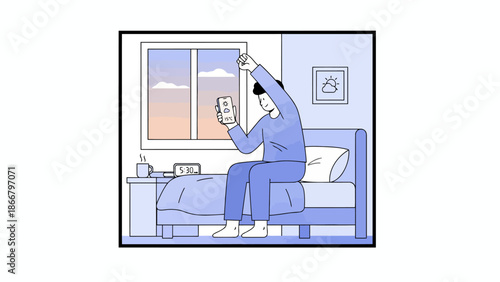 Man waking up in bed at sunrise, checking phone, serene morning scene, vector illustration