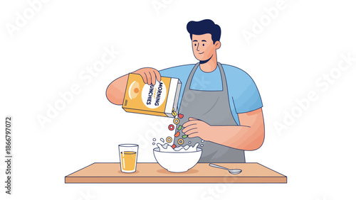 Man preparing breakfast cereal with milk in a bowl on the kitchen table, a vector illustration