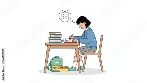 Student Studying at Desk with Books and Notebook.