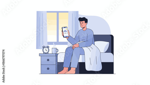 Man sitting in bed using smartphone device.