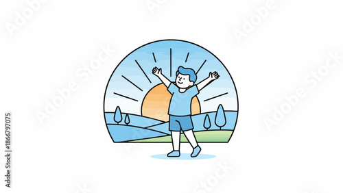 Joyful young person raises arms in sunny outdoor scene.