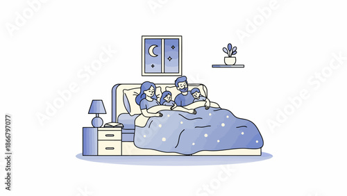 Family Sleeping Together in Bed at Night, Vector Illustration