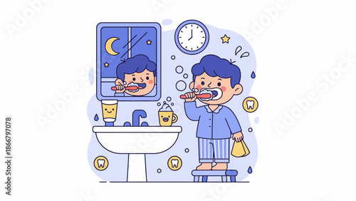 A man brushing his teeth in front of a bathroom mirror with a vector illustration style