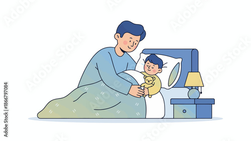 Father and child sharing a tender bedtime moment together in a cozy bedroom vector illustration