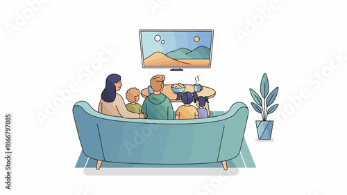 Family Group Sitting On Sofa Watching Television Together.