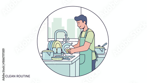 Man washing dishes in a kitchen, a daily clean routine vector illustration
