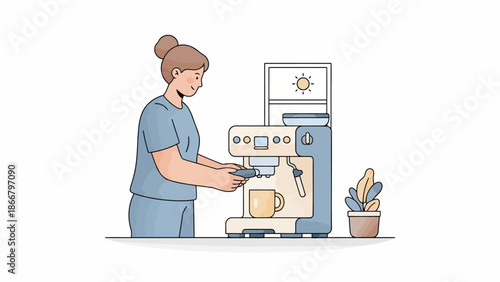 A woman operating a coffee machine with a cup under the spout, a potted plant nearby, vector illustration