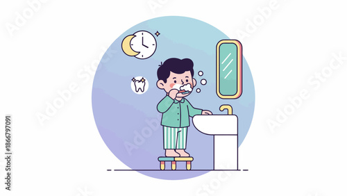 Morning routine vector illustration of a man brushing teeth at the bathroom sink